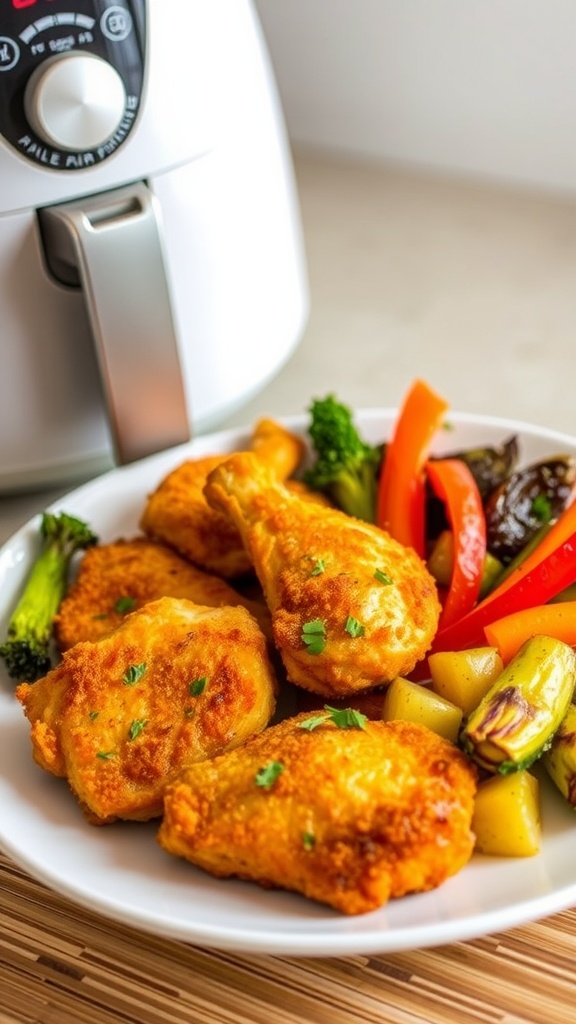 Crispy air-fried chicken and colorful mixed vegetables on a plate, showcasing a healthy meal.